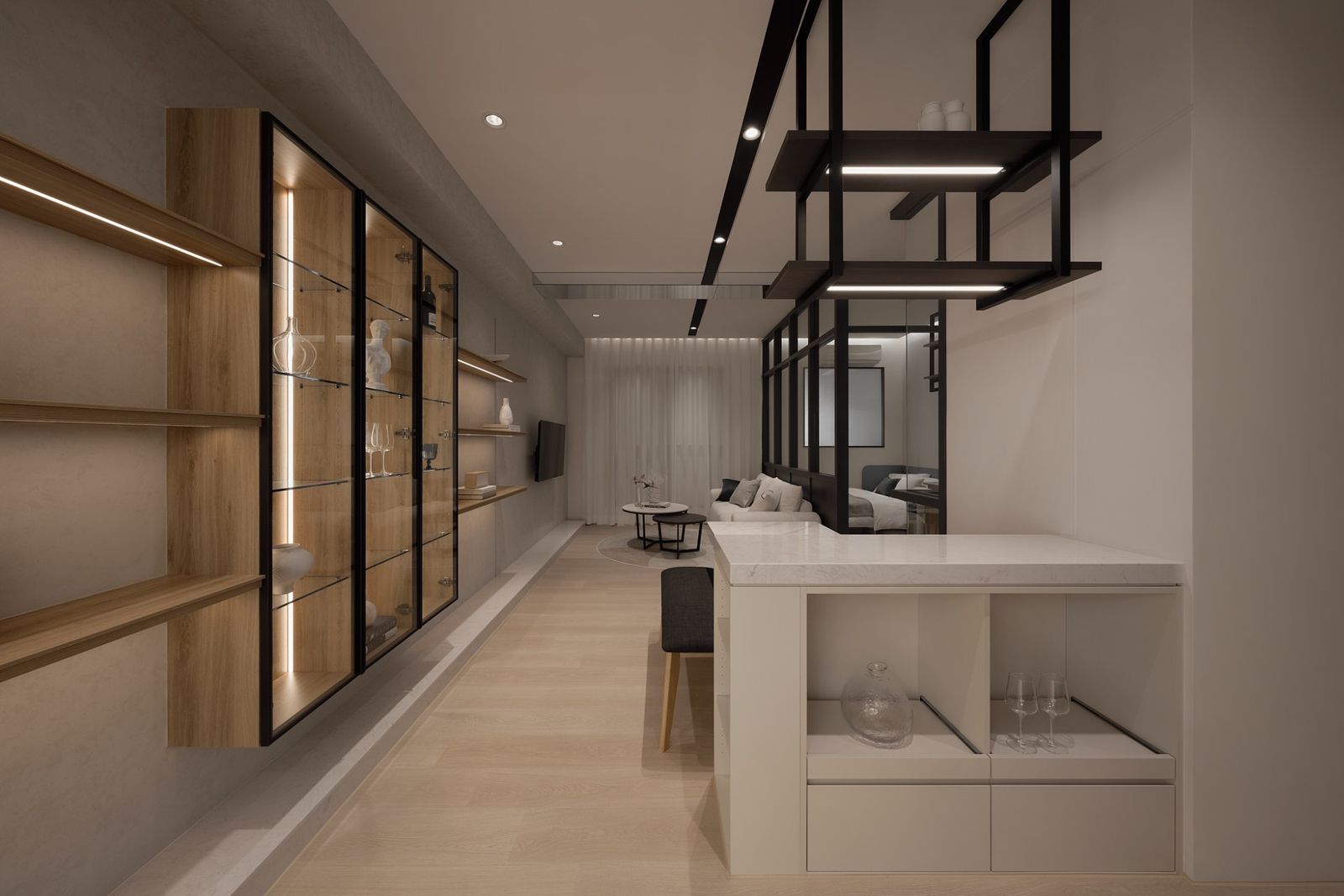 樣品屋實景圖:展示牆與吧檯